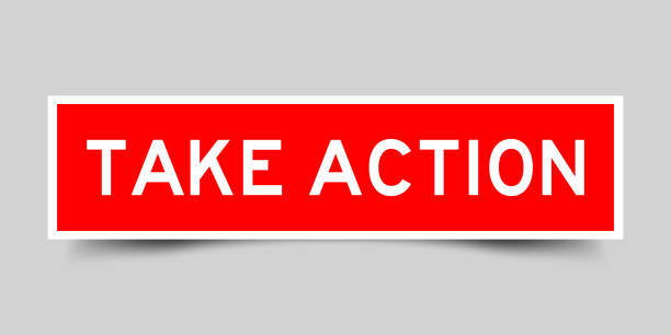 istock Red color square shape sticker label with word take action on gray background 1453116874