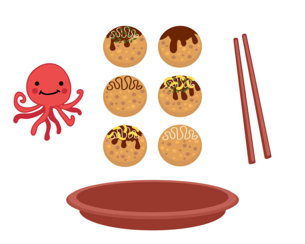 Takoyaki fried octopus balls with plate and chopsticks. Perfect for tee, poster, menu and print. Isolated vector illustration for decor and design. Takoyaki fried octopus balls with plate and chopsticks. Perfect for tee, poster, menu and print. Isolated vector illustration for decor and design. takoyaki stock illustrations