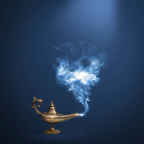 Precious golden magic lamp with smoke on blue background, fairy tales and wish fulfillment concept