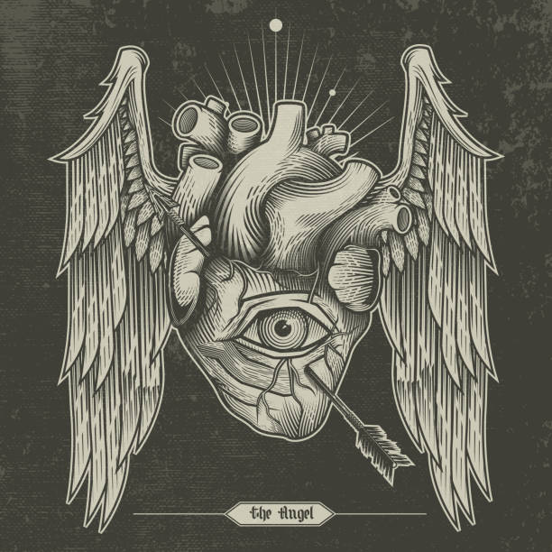 Inner wisdom, sacred all seeing heart. Vector illustration in engraving technique of anatomical winged human heart pierced with arrow and eye in it. dream believe tattoo stock illustrations