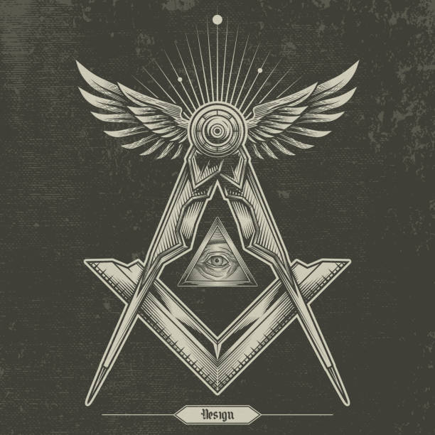 Freemasonry conspiracy logo poster design. Vector illustration in engraving technique of illuminati symbol with ruler, wings, sacred geometry and typography. illuminati stock illustrations