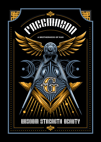 Vector illustration in engraving technique of illuminati symbol with ruler, wings, sacred geometry and typography.