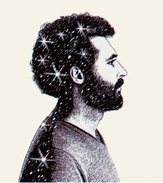 Vector illustration of Portrait of man with night sky and stars and Glitch Technique