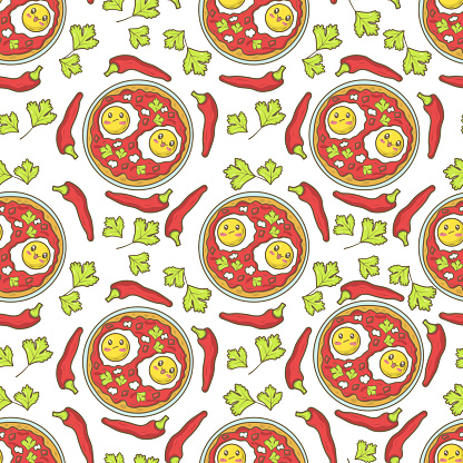 Seamless pattern with mexican baltun scrambled eggs Huevos rancheros with salsa and funny faces in doodle cartoon style isolated on white background