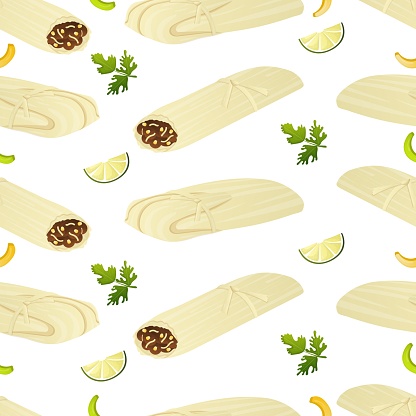 Seamless pattern with Mexican food tamale, parsley and lemon. Fast food restaurant and street food snacks, meat tortillas, takeaway food delivery