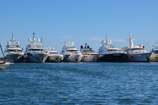 Juan les Pins, South of France - October 3 2019: Luxury yachts in Golfe Juan marina