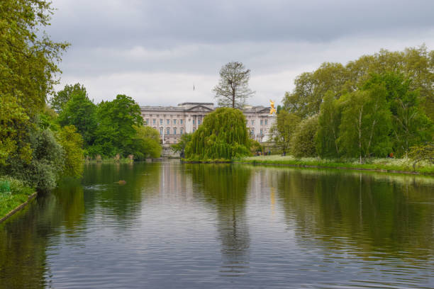 セントジェームズパーク湖とバッキンガム宮殿、ロンドン、イギリス - london england park whitehall street palace ストックフォトと画像