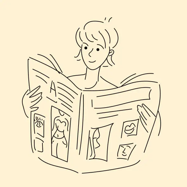 Vector illustration of Woman close-up. Minimalistic cute cartoon-style graphics. A girl reads a periodical for women.