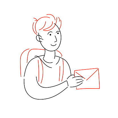 A young man delivers a letter. The courier delivered the mail to the client s home. Fast delivery of business correspondence to the client. Vector illustration.