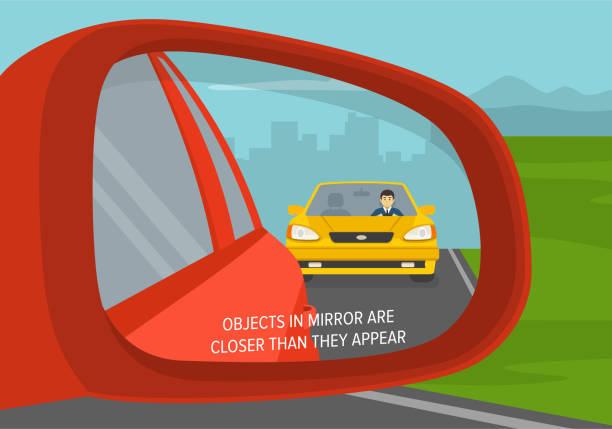 Close-up of rear wing mirror. Back view. Objects in mirror are closer than they appear. Flat vector illustration template.
