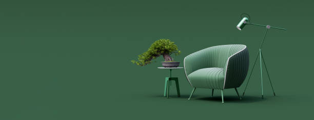 istock Creative interior design in green studio with armchair. Minimal color concept 3d render 1453124385