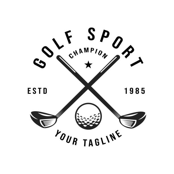 illustrations, cliparts, dessins animés et icônes de golf rétro vintage, conception de modèle de logo de balle de golf professionnelle, championnat de golf, badge ou icône avec clubs de golf croisés et balle sur tee. illustration vectorielle. symbole, icône - club