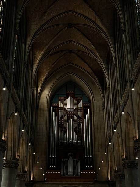 pipe organ in a cathedral in europe - medieval autumn cathedral vertical imagens e fotografias de stock