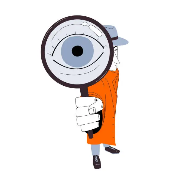 Vector illustration of detective in a hat and cloak looking into a magnifying glass