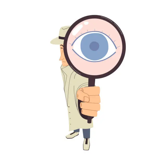 Vector illustration of detective in a hat and cloak looking into a magnifying glass