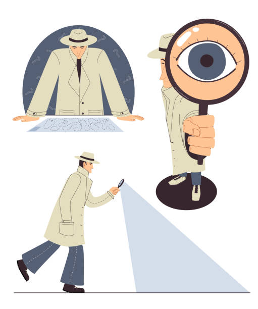 istock Set of illustration, Detective in cloak and hat investigates case 1453127192
