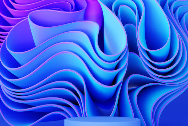 istock Neon, blue and pink podium background with abstract wavy cloth, folded fabric 1453128359