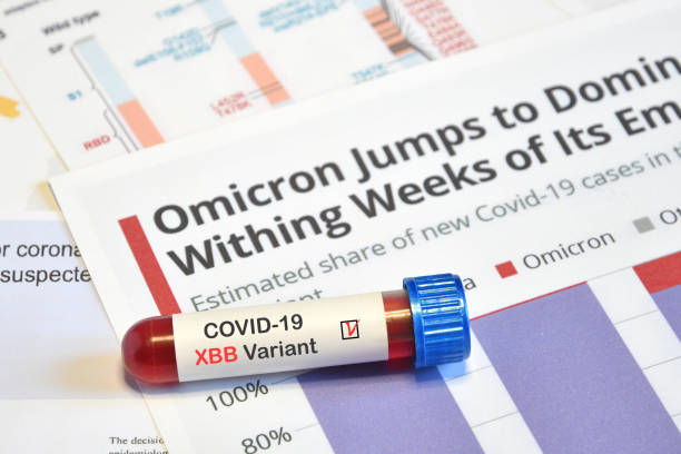istock Blood tube for test detection of Virus Covid-19 XBB Variant on papers document. Concept for the New Variant from Virus SARS-CoV-2 XBB 1453128367