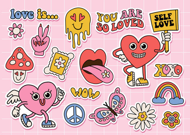 illustrazioni stock, clip art, cartoni animati e icone di tendenza di set di adesivi d'amore hippie groovy. pacchetto di adesivi di buon san valentino catroon retrò. mascotte dal cuore comico in stile cartone animato vintage anni '60 '70. personaggi ed elementi strani. kit di illustrazione vettoriale - catroon