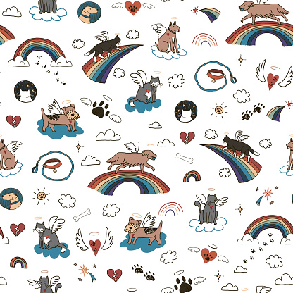 Pet cat, dog, heart, rainbow death vector seamless pattern.