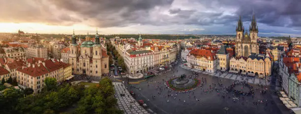 Photo of Panoramic aerial view of Old Town Square with Tyn Church and St. Nicholas Church - Prague, Czech Republic