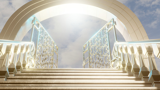 Stairway to Heaven. Golden stairs with Heavens gate. Religious background or success concept. 3D render illustration.