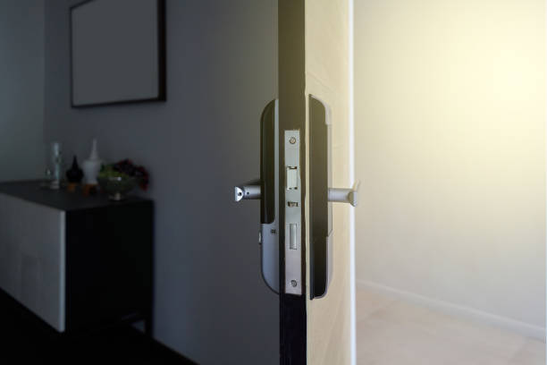 istock Digital door locking on black wood. Selective focus. 1453134138