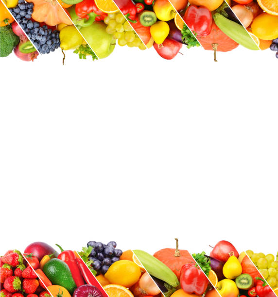 istock Vegetables and fruits isolated on white . Collage. Free space for text. 1453134190