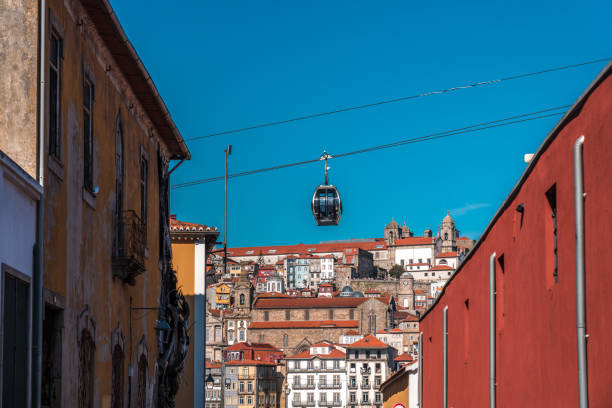 rua estreita tradicional com casas coloridas e plantas da cidade velha do porto - southern europe public transportation international landmark local landmark - fotografias e filmes do acervo