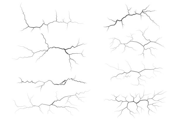 illustrazioni stock, clip art, cartoni animati e icone di tendenza di raccolta di crepe su parete, terra o pietra. graffia le linee sulle superfici. illustrazioni vettoriali di fulmini e temporali. fessura su terra e ghiaccio. esplosioni grafiche texture con fori. - crevice