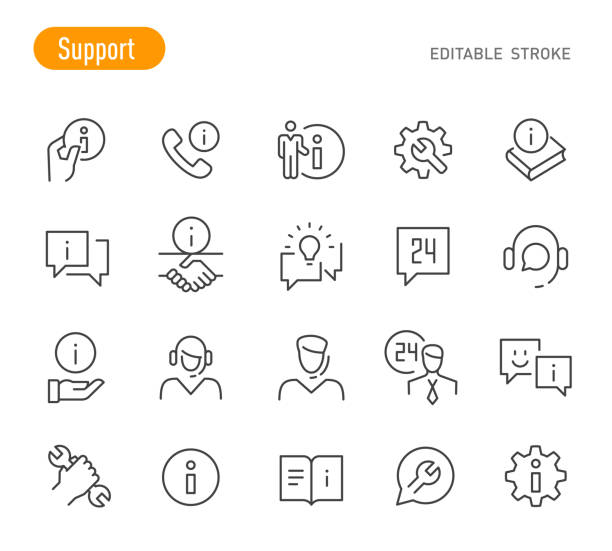 illustrations, cliparts, dessins animés et icônes de icônes de support - série de lignes - trait modifiable - faq it support internet support