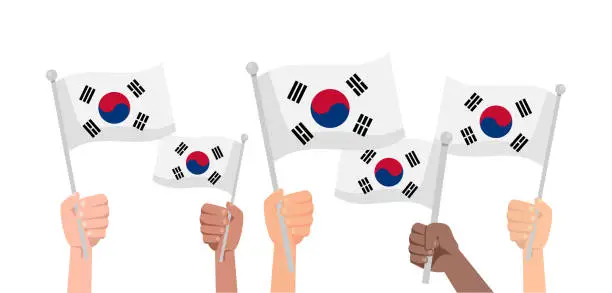Vector illustration of Hands with South Korea flag isolated on white background.