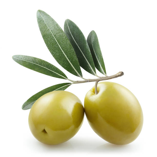istock Delicious green olives with leaves on white 1453138117