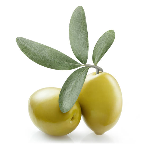 istock Delicious green olives with leaves on white 1453138132