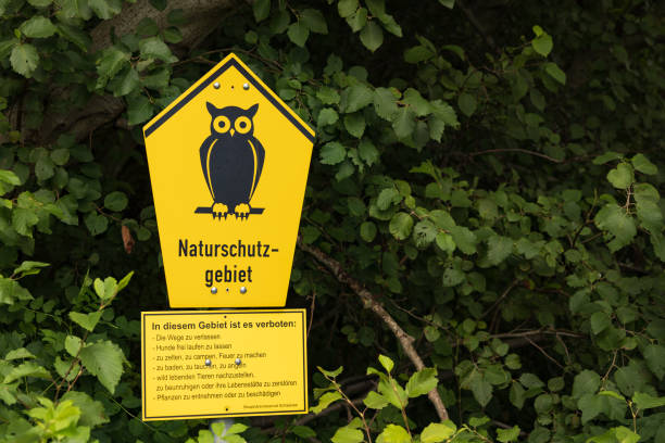 A green and white triangular sign for a nature reserve on the edge of a forest in Rastatt, Germany. This area is sensitive and must be protected. Trees and grass in the background on a sunny spring day.