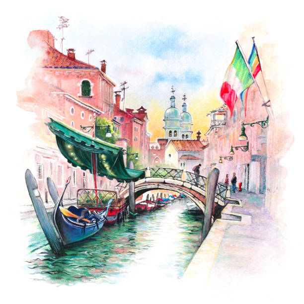 San Barnaba canal, Venice, Italy Watercolor sketch of San Barnaba canal, bright houses and Gondolas at their moorings, Venice, Italy. venice italy stock illustrations