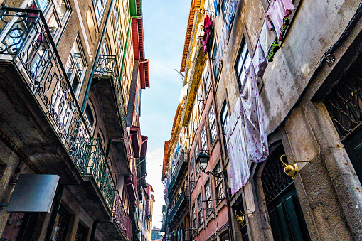 Traditional narrow street with colourful houses and plants of Porto old town