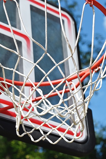 Closeup of outdoors basketball backboard.