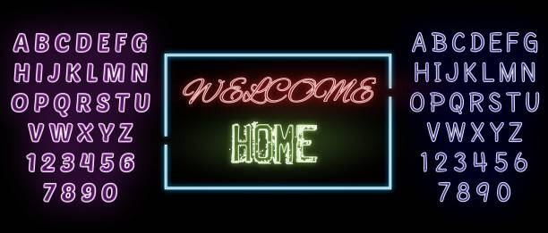 istock Welcome Home Neon Text Illust. Welcome Home neon sign, design template, modern trend design, night neon signboard, night bright advertising, light banner, light art. Illustra. Editing text neon sign 1453142193