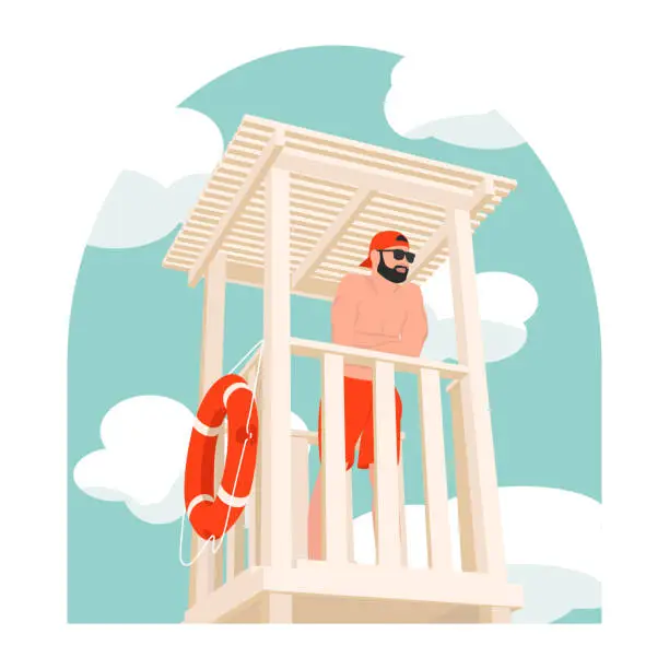 Vector illustration of Beach lifeguard stands on the rescue tower against the background of clouds