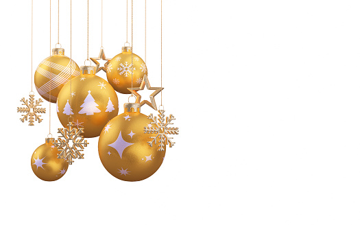 3d Render Orange Color Christmas Balls Decorations, Snowflake, Star Shape White Background Clipping Path (isolated on white)