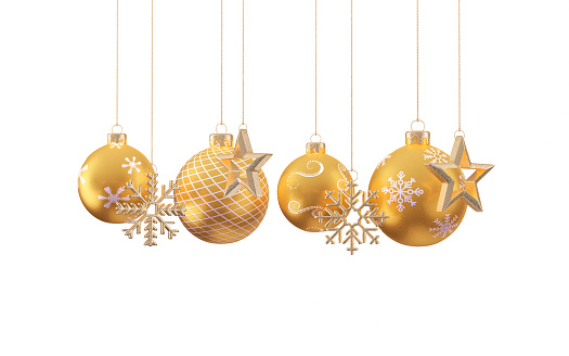3d Render Orange Color Christmas Balls Decorations, Snowflake, Star Shape White Background Clipping Path Clipping Path (isolated on white)