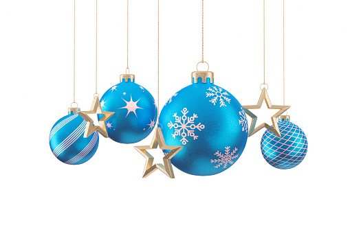 3d Render Blue Christmas Balls Decorations, Snowflake, Star Shape White Background Clipping Path (isolated on white)