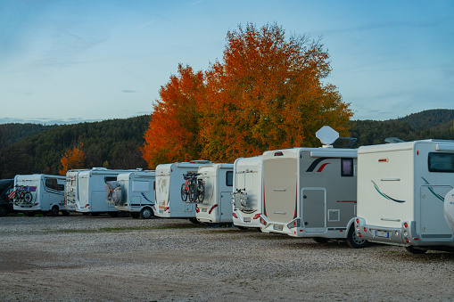 Caravan camping  in mountains in autumn