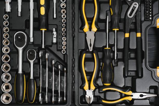 istock Set of tools for car repair in box, closeup. 1453152985