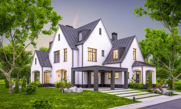istock 3d rendering of white and black modern Tudor house in evening 1453154471