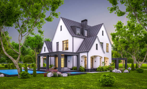 istock 3d rendering of white and black modern Tudor house in evening 1453154480