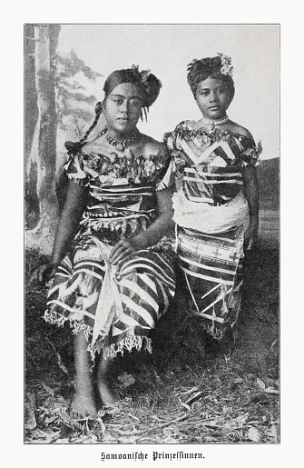 Samoan princesses from the past. Halftone print after a photograph, published in 1899.