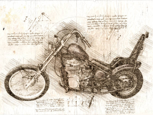 Esboço estilo da Vinci da motocicleta helicóptero estilo retrô. - ilustração de arte em vetor