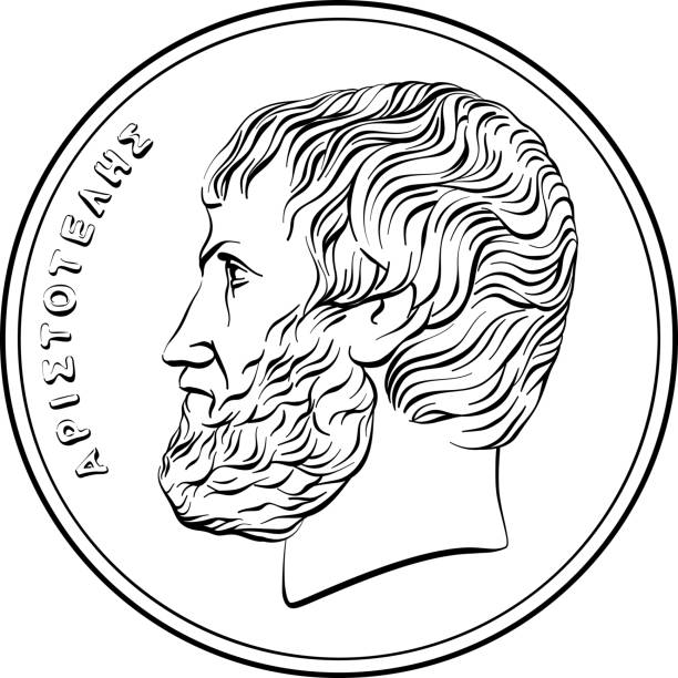 Greek gold coin 5 drachmas Aristotle Black and white vector obverse of Greek money, 5 drachmas coin with Aristotle profile aristotle stock illustrations